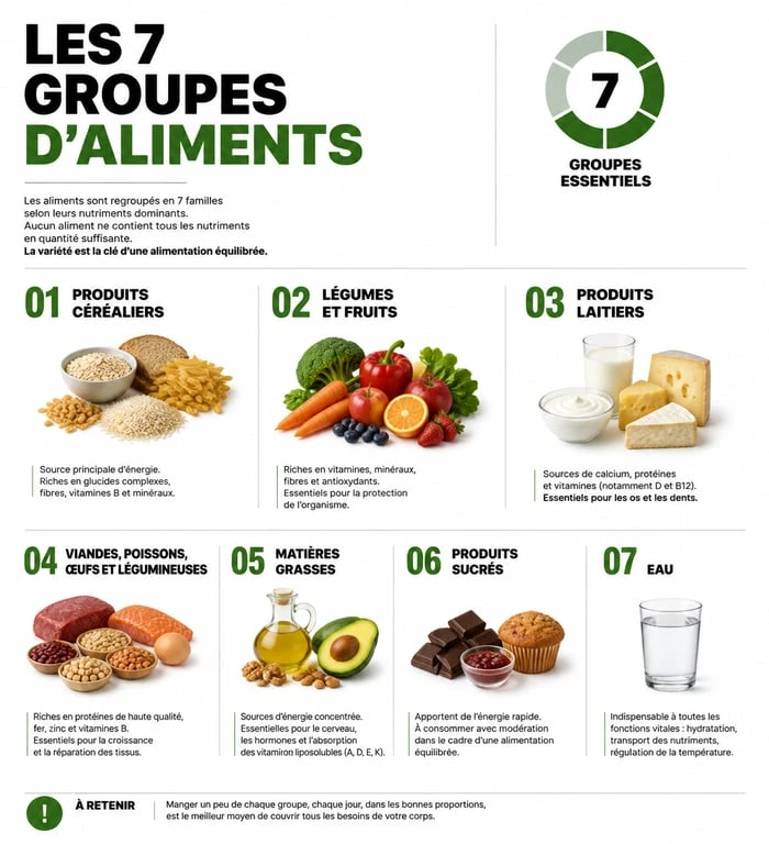 Infographie des 7 groupes d'aliments pour un équilibre nutritionnel