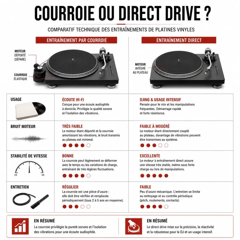 Comparatif technique entre tourne-disque vintage à entraînement par courroie et entraînement direct