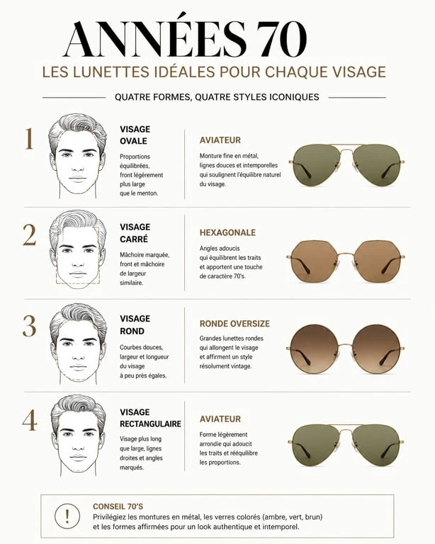 Infographie guide morphologie lunettes années 70 pour choisir sa monture selon la forme du visage