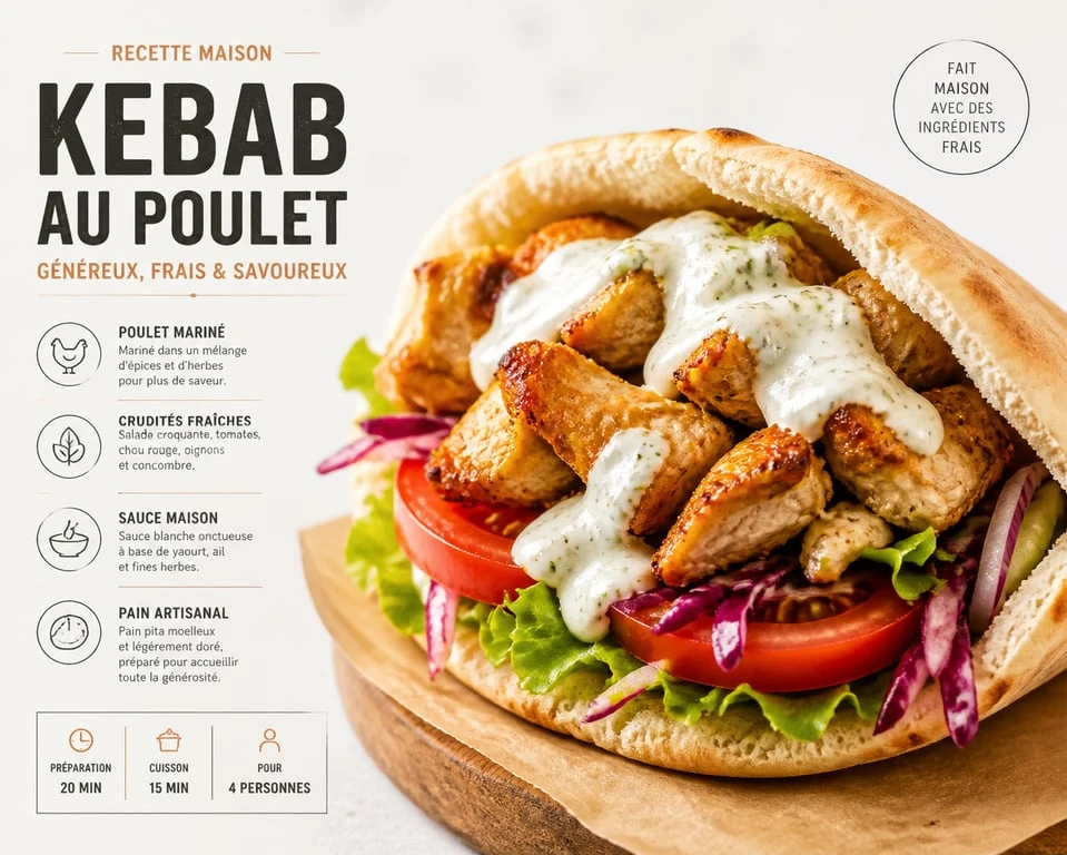 Recette de kebab maison avec poulet mariné et crudités fraîches