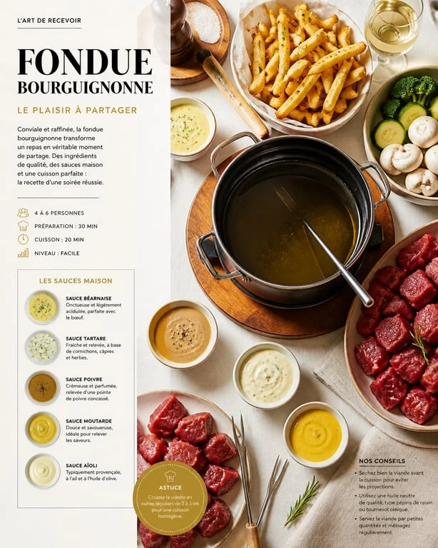 Table dressée pour une fondue bourguignonne avec viandes, sauces et accompagnements