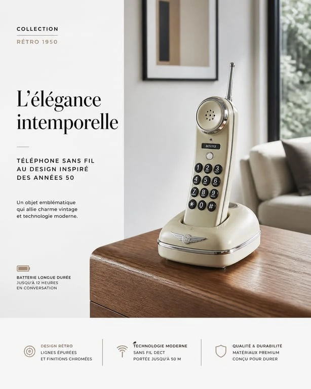 Téléphone fixe vintage sans fil posé sur un bureau moderne
