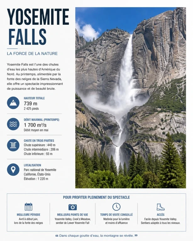Vue spectaculaire des chutes de Yosemite au printemps avec un débit maximal