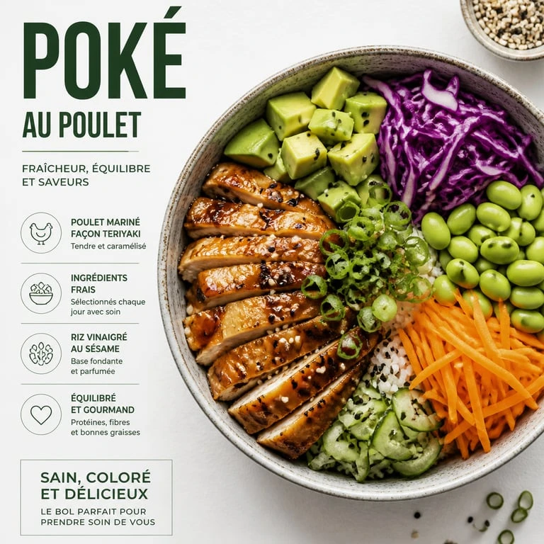 Recette poke bowl poulet frais et coloré dans un bol en céramique