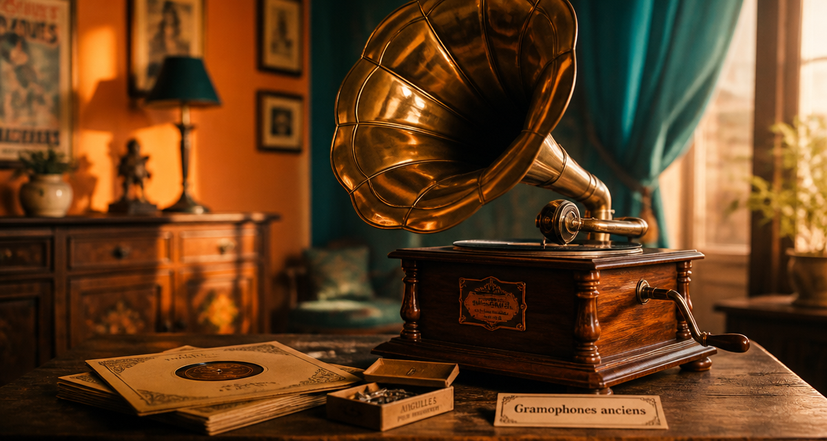 gramophones anciens sur table en bois, pavillon laiton