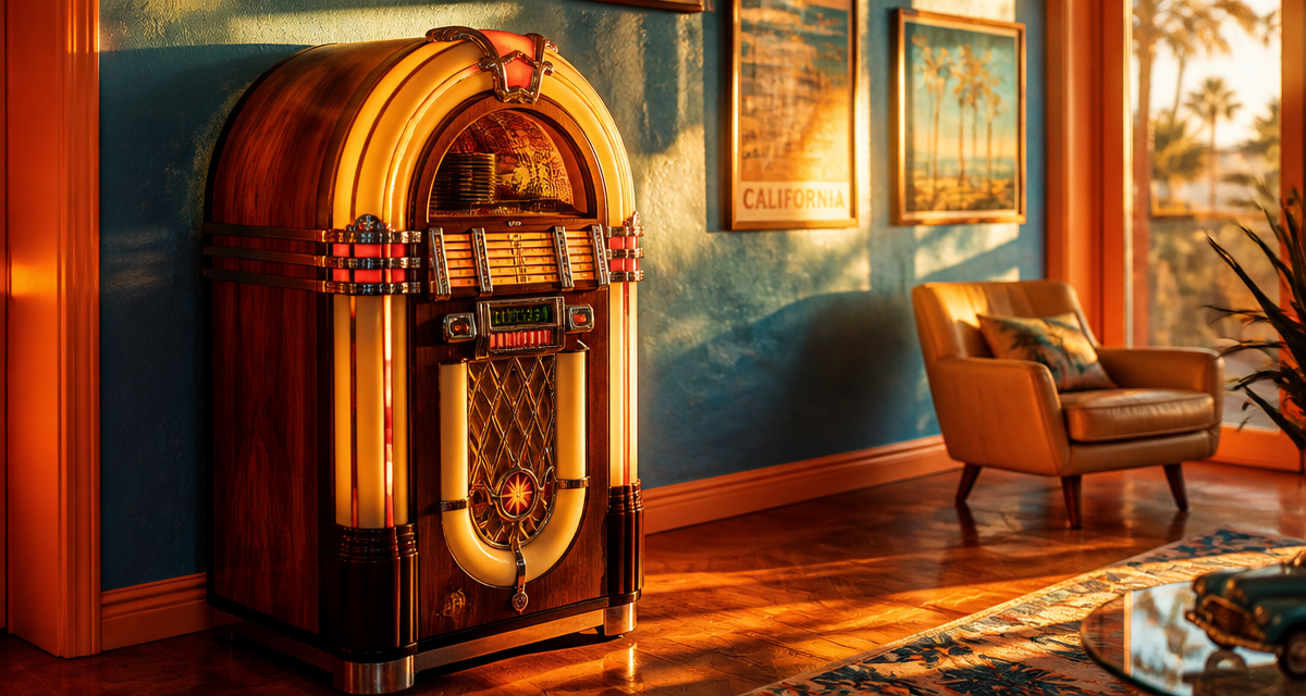 Jukebox vintage en bois dans salon rétro