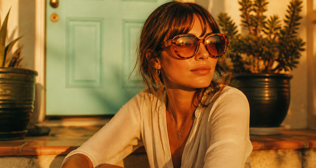 femme avec lunette année 70 oversize écaille orange verres dégradés