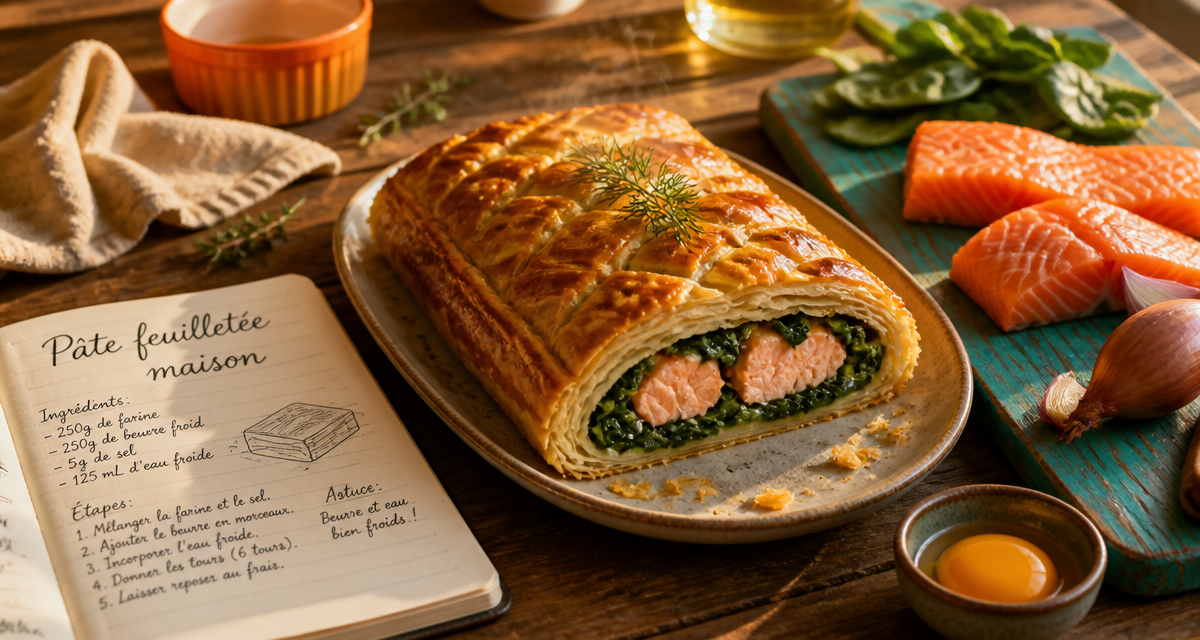 recette avec de la pate feuilletee saumon epinards sur table rustique