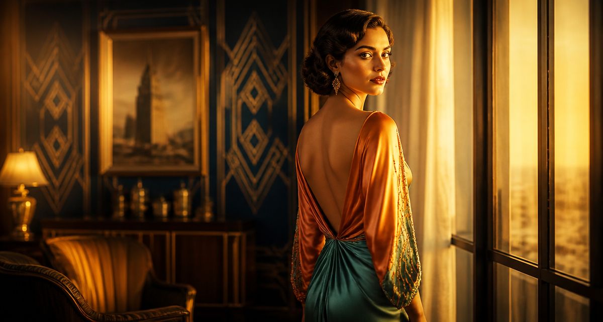 Femme en robe année 30 satin coupe biais