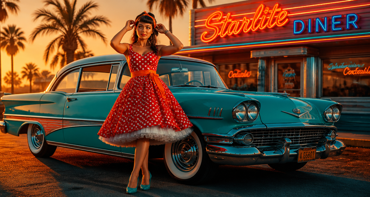 femme en robe rockabilly rouge à pois devant voiture vintage
