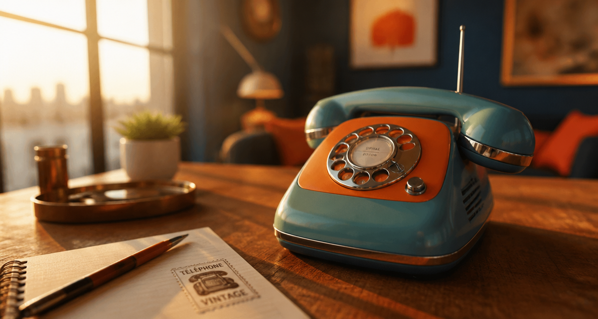 Téléphone fixe vintage sans fil turquoise et orange sur bureau