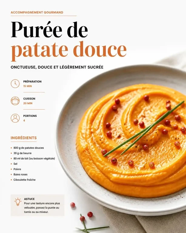 Purée de patate douce onctueuse préparée au Thermomix dans une assiette élégante