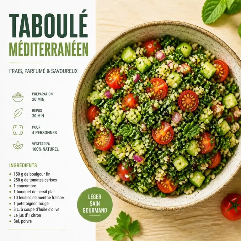 Recette taboulé méditerranéen frais avec herbes et légumes croquants dans un bol