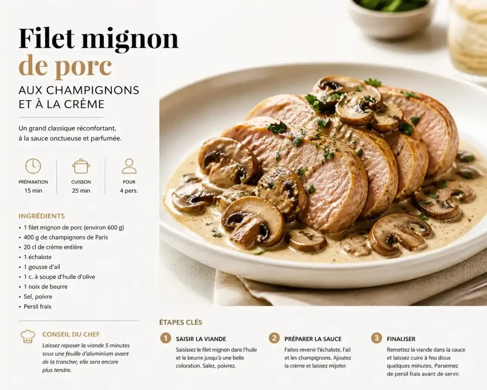 Filet mignon de porc aux champignons et à la crème cuit au Cookeo dans une assiette
