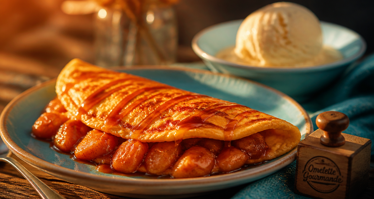 omelette sucrée garnie de pommes fondantes et caramel