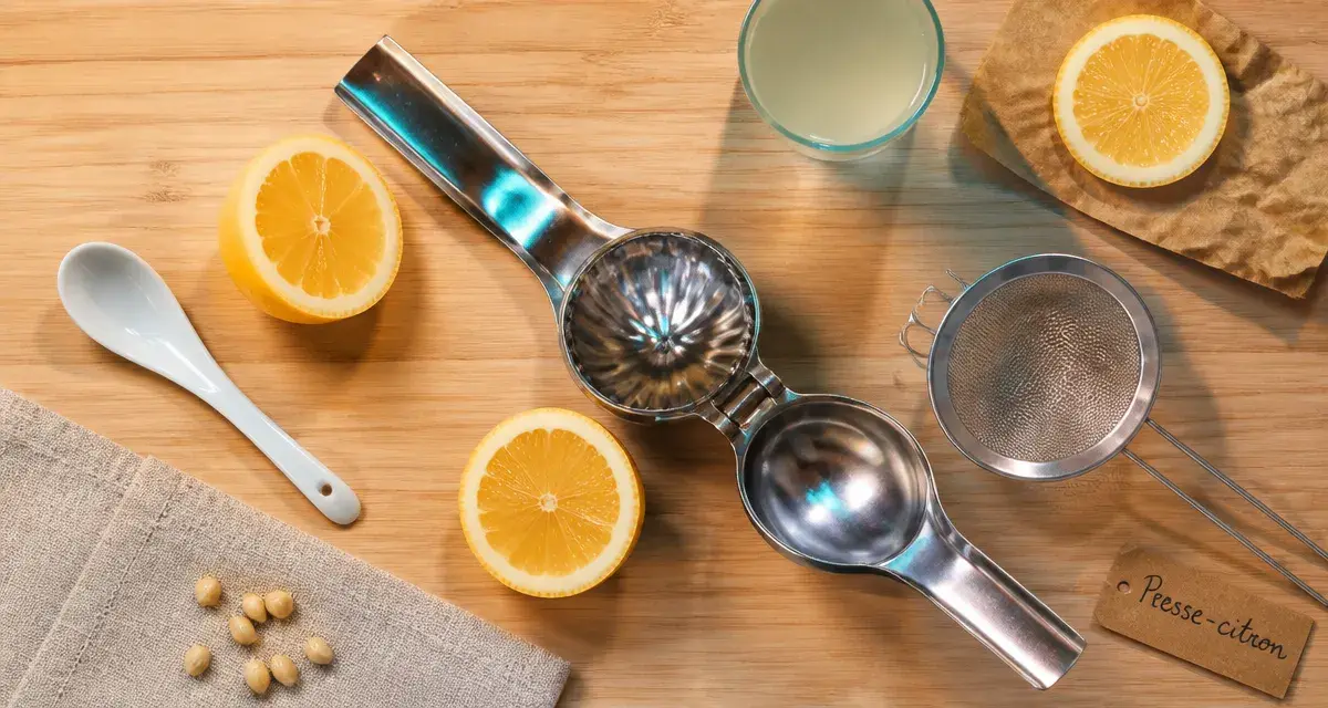 Presse citron inox manuel sur plan de travail bois clair, avec citrons et pépins visibles