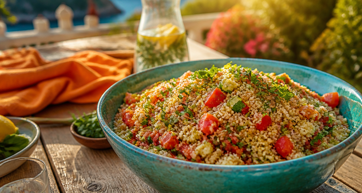 recette taboulé méditerranéen en saladier sur table d'été