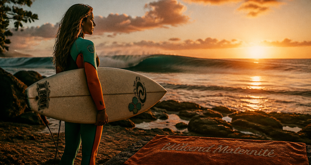 Surfeuse au coucher de soleil à Teahupo’o