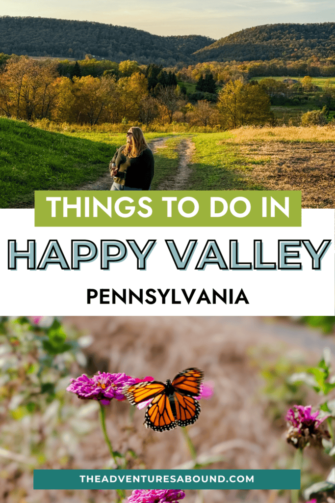 A Pinterest pin design featuring a split layout: The top half shows a woman walking through a picturesque valley at sunset, and the bottom half showcases a close-up of a monarch butterfly on pink flowers. The text overlay reads "THINGS TO DO IN HAPPY VALLEY PENNSYLVANIA," with a website URL at the bottom.