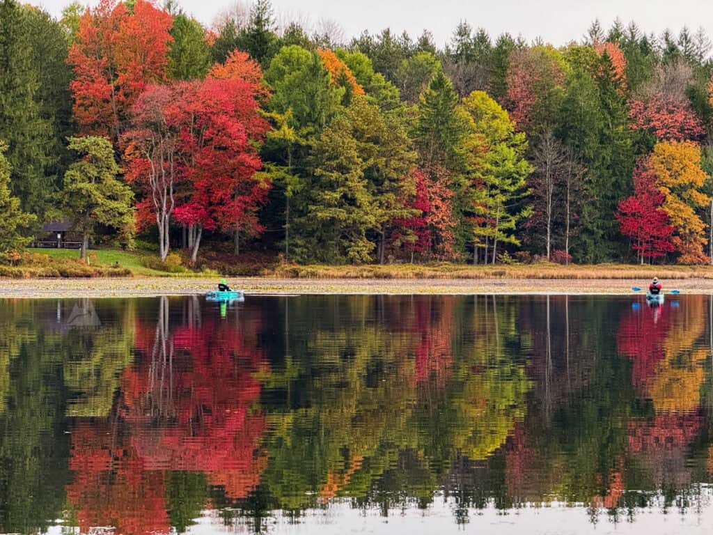 Two kayakers paddle across a calm lake, surrounded by a stunning display of fall foliage in Black Moshannon State Park. The trees along the shoreline showcase vibrant red, orange, and green hues, which are reflected beautifully in the water. A small pavilion is visible in the background, nestled among the trees.