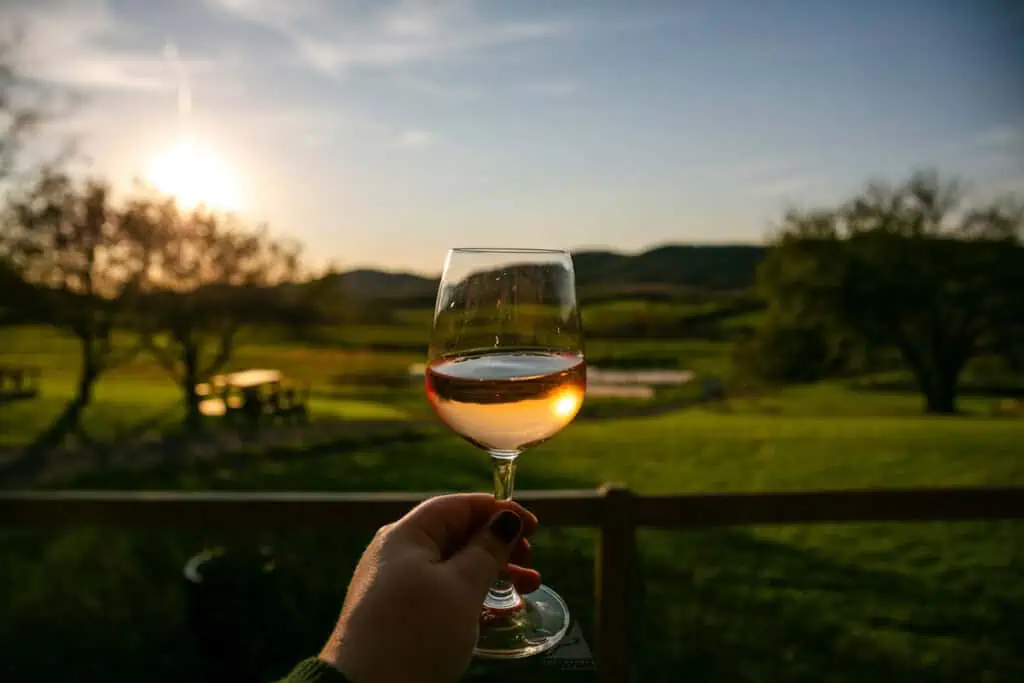 A hand holds a glass of rosé wine against the backdrop of a picturesque countryside at sunset. The golden light reflects through the glass, creating a warm glow. Rolling hills, a wooden fence, and a few picnic tables are visible in the background. A walk around the grounds at ReFarm Cafe is part of the integrated farm-to-table dining experience.