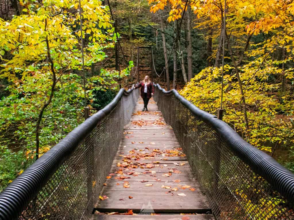 Trough Creek – Fall Hike at Raystown Lake: A woman walks across a rustic wooden suspension bridge surrounded by vibrant autumn foliage. The black railings contrast with the golden-yellow leaves, and fallen leaves are scattered across the wooden planks, adding to the seasonal charm.