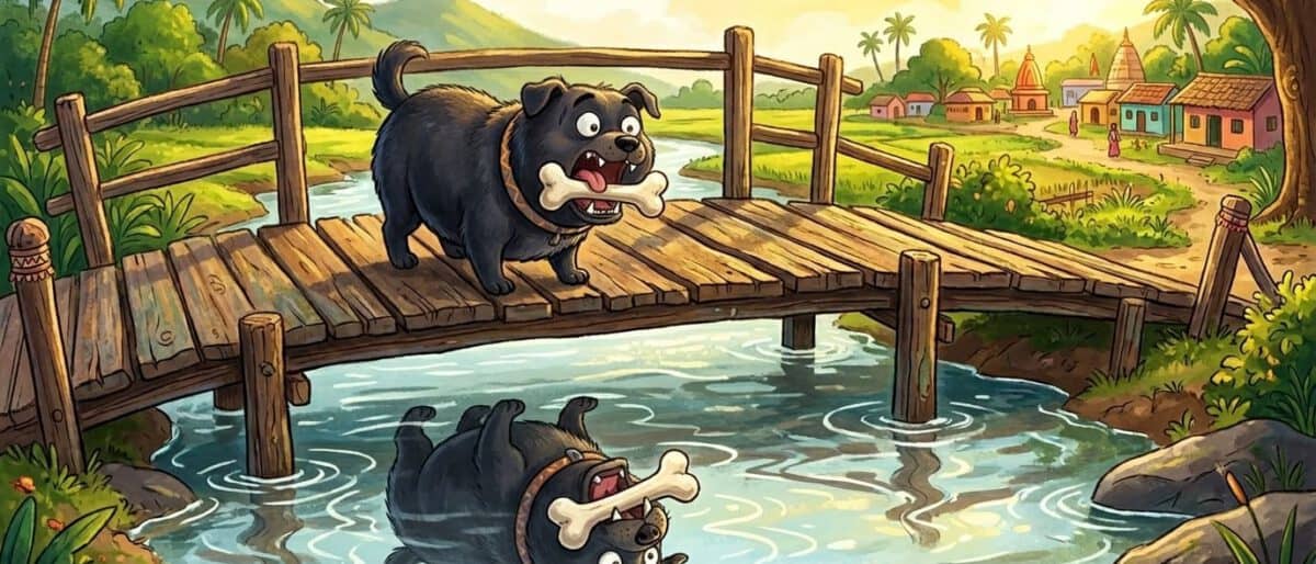 लालची कुत्ता की कहानी — जब एक कुत्ते ने खोया अपना खाना नदी में