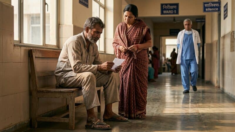 सर्जरी की तारीख वाली पर्ची उस आदमी के हाथ में थी, और वो उसे ऐसे देख रहा था जैसे वो कोई विदेशी भाषा में लिखी हो।