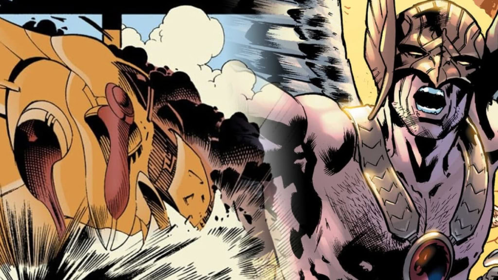 Hawkman’s ship from Black Adam depicted in dynamic comic book style.