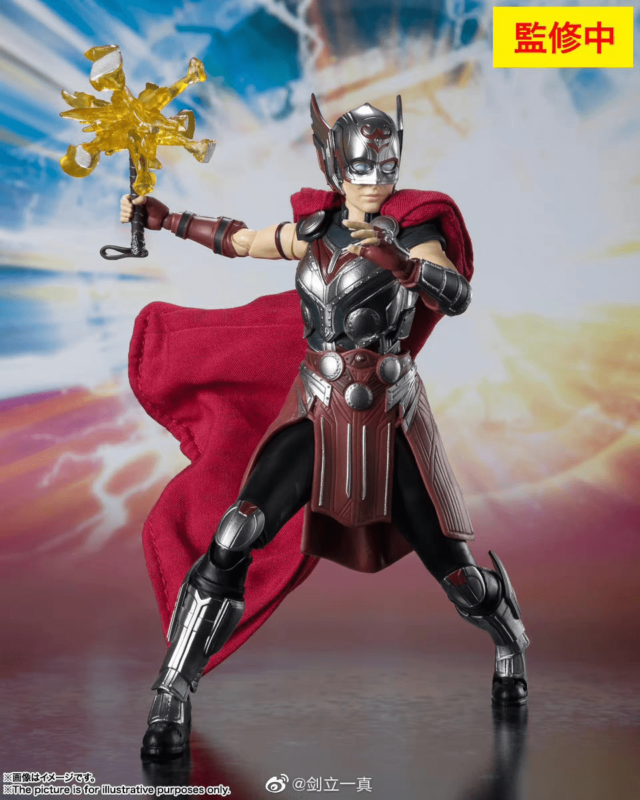 A stunning action figure of Jane wielding the All-Weapon from Thor: Love and Thunder, with detailed.
