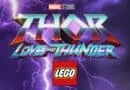 Love and Thunder LEGO logo with lightning background from Marvel Studios.