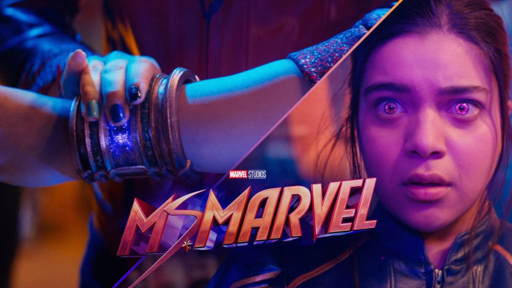 A young woman with wide eyes and a surprised expression, wearing a dark jacket, with a cosmic-themed.