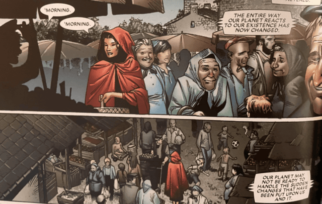 The Darkhold connects to a wider Marvel universe with characters gathered at a marketplace.