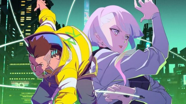 Cyberpunk: Edgerunners 1 A vibrant anime-style scene featuring two characters in a futuristic cityscape with neon lights.