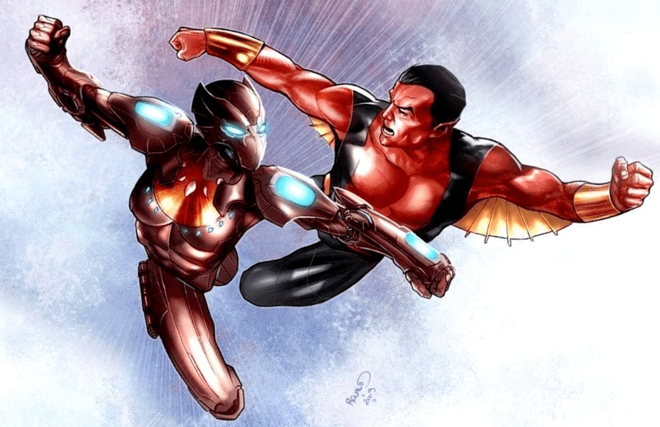 Futuristic Iron Man and Shuri from Black Panther engaged in combat in a dynamic comic book style.
