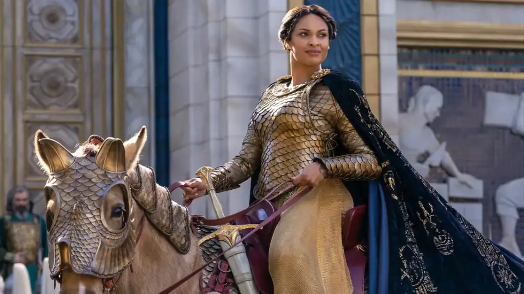 The Lord of the Rings: The Rings of Power- Míriel, Queen Regent of Númenor, astride her horse. 