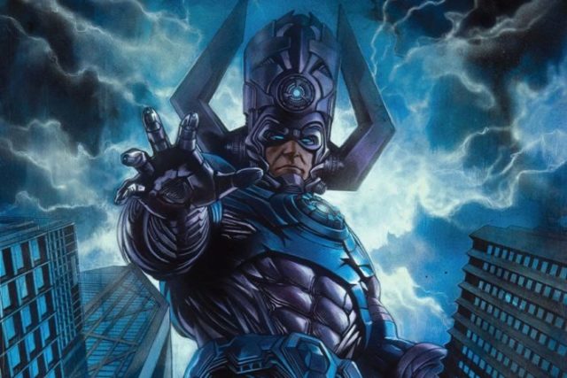 Iconic Galactus figure towering over cityscape with stormy sky background.
