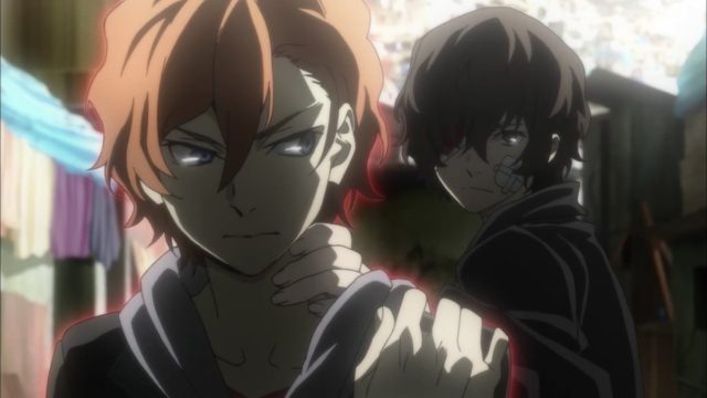 Intense anime scene from Bungo Stray Dogs prologue with two characters in a dramatic moment.