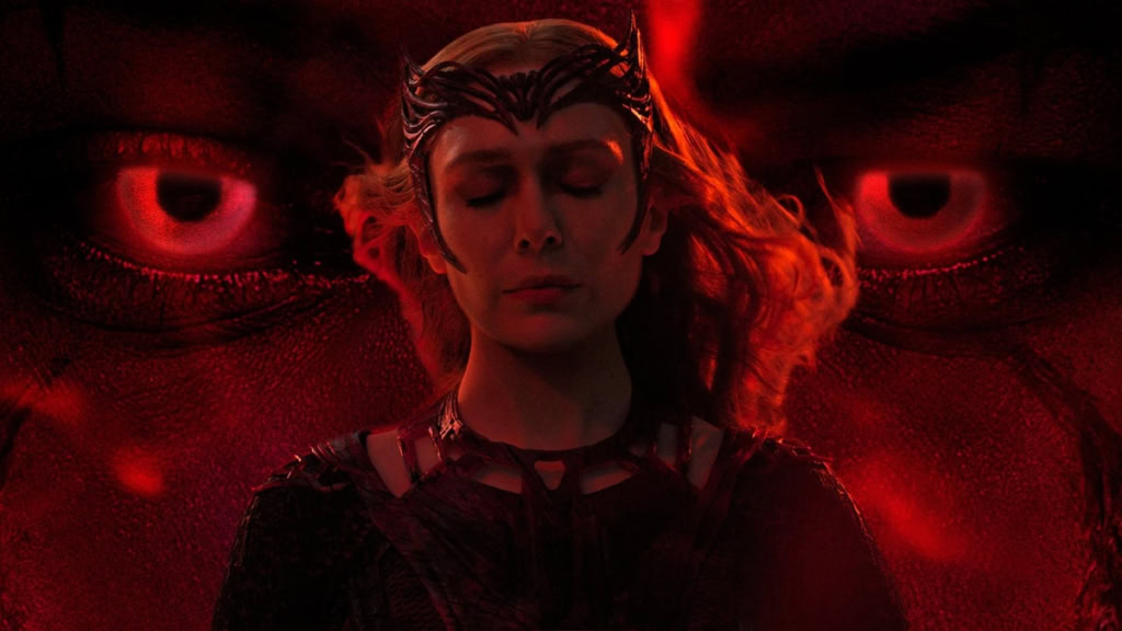 A mystical woman with fiery red hair and closed eyes, set against a dark background with glowing red.