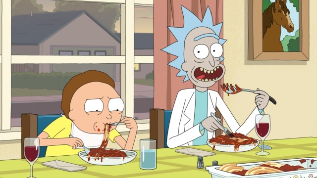 Rick and Morty enjoying a meal together at home, featuring vibrant characters and a cozy setting.