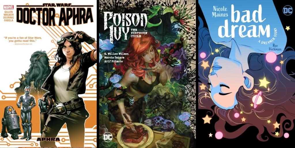 A colorful collage of three comic book covers featuring LGBTQ+ themes, including Doctor Aphra, Poiso.