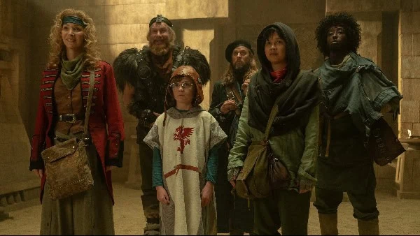 Adventurous group of diverse characters exploring a mysterious ancient temple.