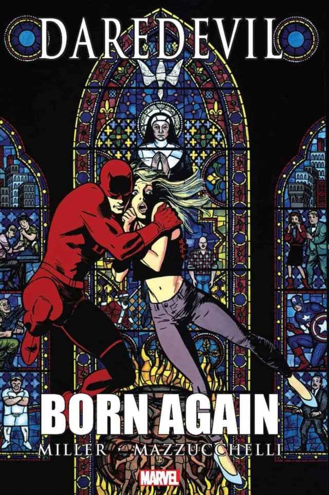 Born Again comic book cover with Daredevil fighting a female character in front of stained glass win.