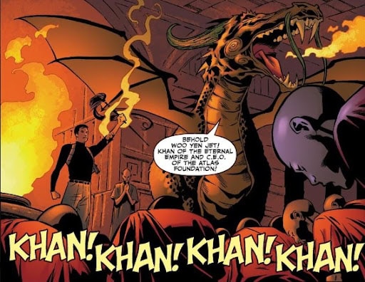 Shang-Chi and Agents of Atlas face a fiery dragon in a comic book scene.
