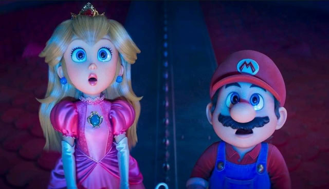A princess and Mario from Super Mario looking surprised in a colorful animated scene.