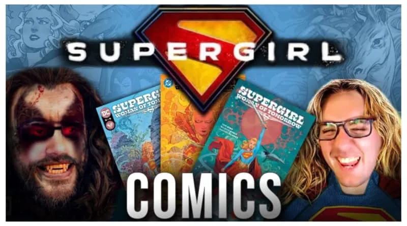 Supergirl: Woman of Tomorrow comics featuring a superhero emblem and two men, one with face paint and glasses. Inspired by the new Supergirl movie