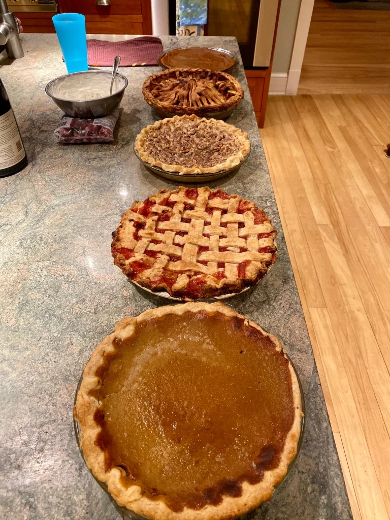 Pumpkin pie, cherry pie, pecan pie, mince meat pie, vegan pumpkin pie