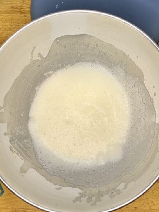 photo of meringue powder mixed with warm water to create a thick beer foam for the first step of making royal icing with meringue powder recipe 
