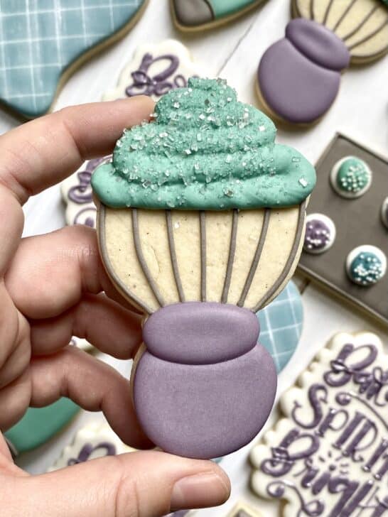 royal icing cookie with a crater 