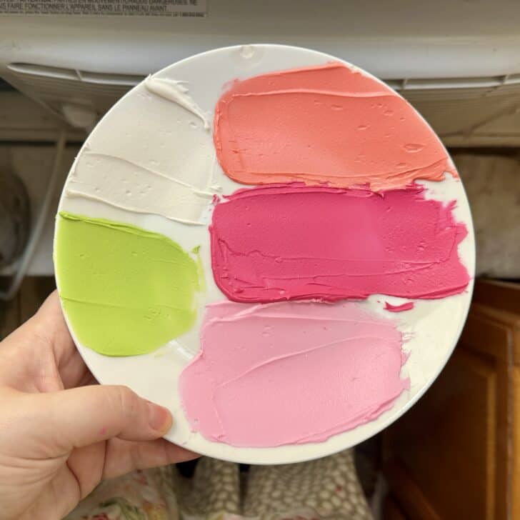 royal icing colors on a white plate